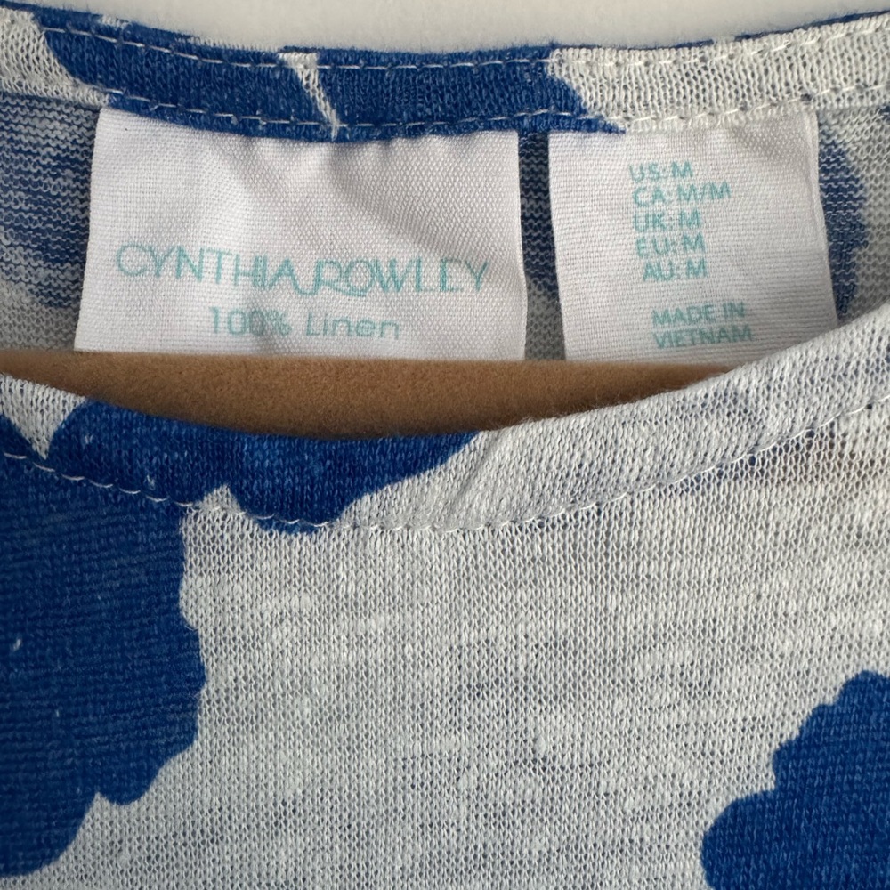 Cynthia Rowley Linen Floral Cap Sleeve Summer Top Vacation Travel Blue White M - Picture 4 of 7